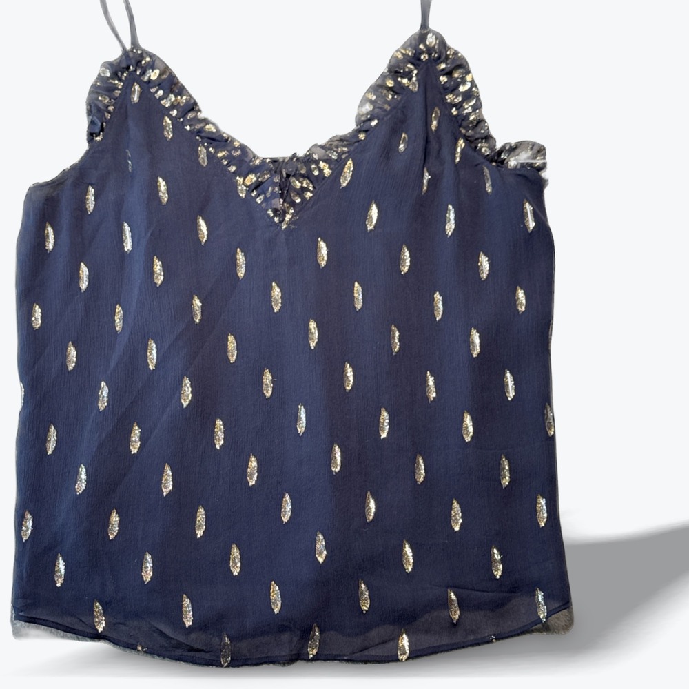 Rebecca Taylor Navy Blue Gold Metallic Fil Coupe Silk Ruffle Camisole 6